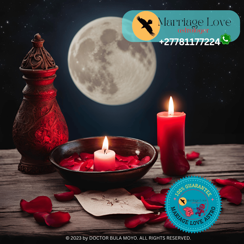 A serene setting for a Voodoo love spell ritual, featuring a red candle, rose petals, and a written spell under the moonlight