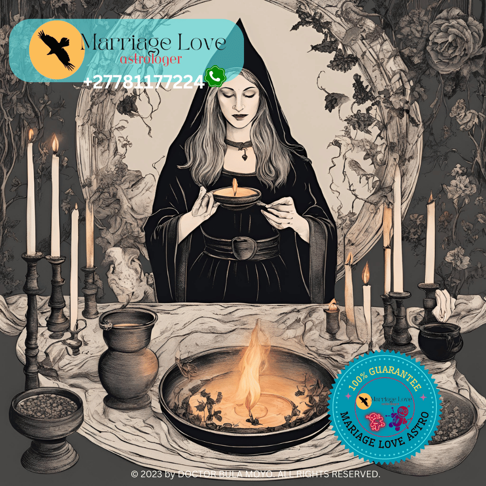 A white witch preparing a ritual with a circle of candles and a bowl of herbal mixture for a love spell (2)