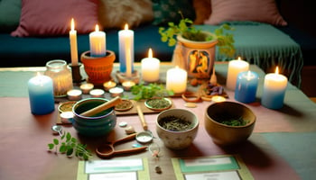 A depiction of a serene and dedicated ritual space for casting love spells, with candles, herbs, and personal items of the estranged couple carefully arranged.