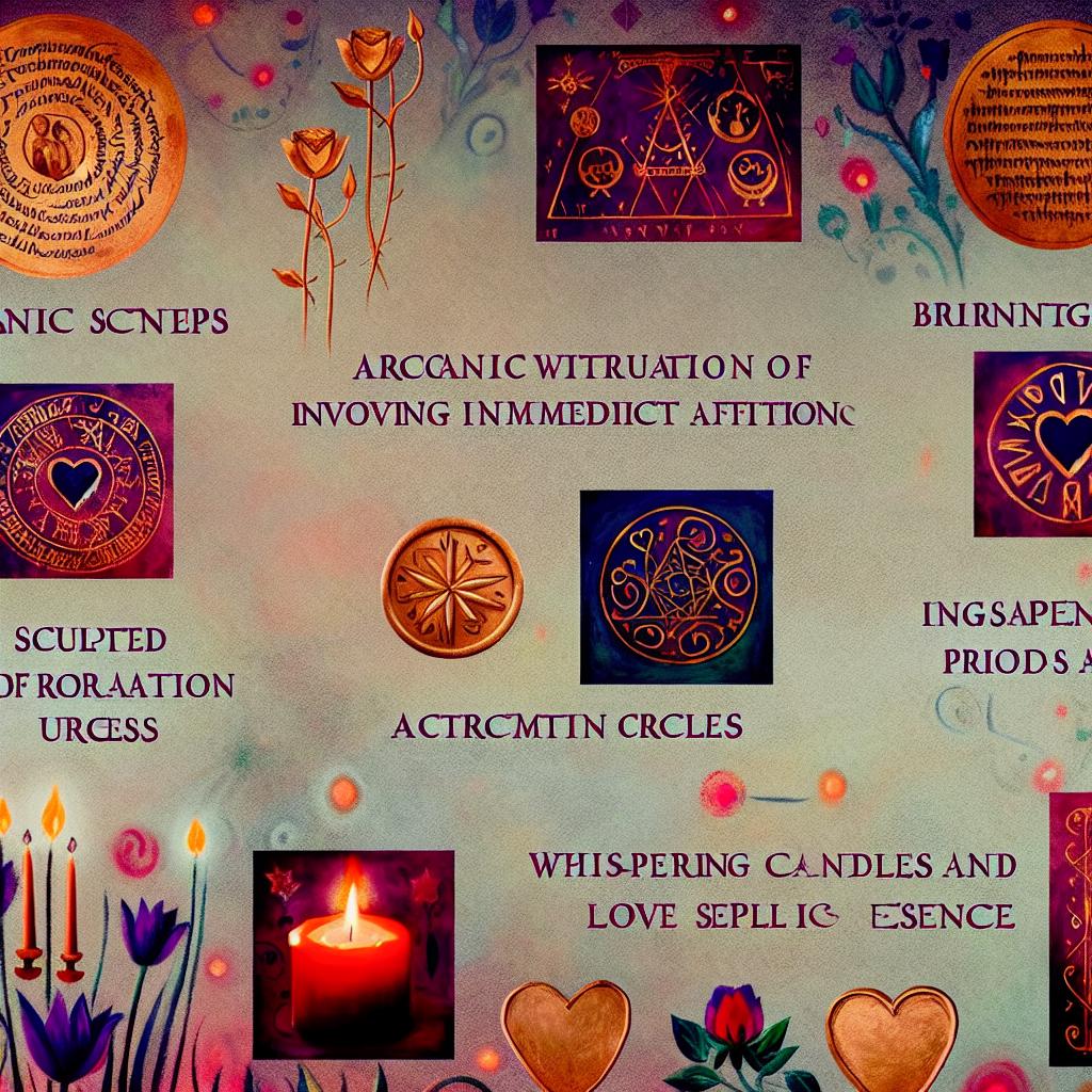 A mystical image of ancient symbols, words, and rituals used in powerful love spells to ignite passion and attract love instantly