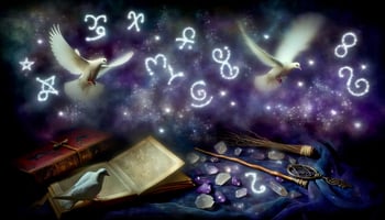 A mystical image of astrological symbols and spell casting tools, intertwined with the essence of love and connection