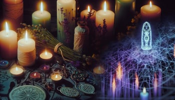 A mystical image of candles, herbs, and talismans used in obsession spells, surrounded by a tapestry of intention, energy, and ritual