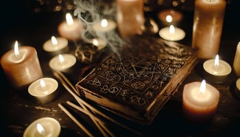 An image of a mysterious and ancientlooking spellbook with intricate symbols and illustrations on its cover, surrounded by flickering candles and burn-1