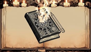 An image of a mysterious and ancientlooking spellbook with intricate symbols and illustrations on its cover, surrounded by flickering candles and burn