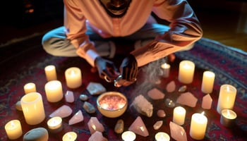 The image is of someone creating a sacred space for casting a love spell, surrounded by candles, incense, and crystals like rose quartz