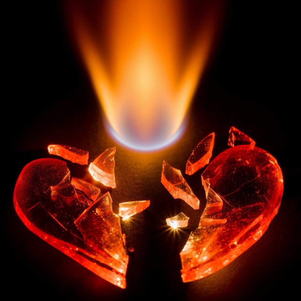 A glowing flame surrounded by two halves of a broken heart, slowly coming together.