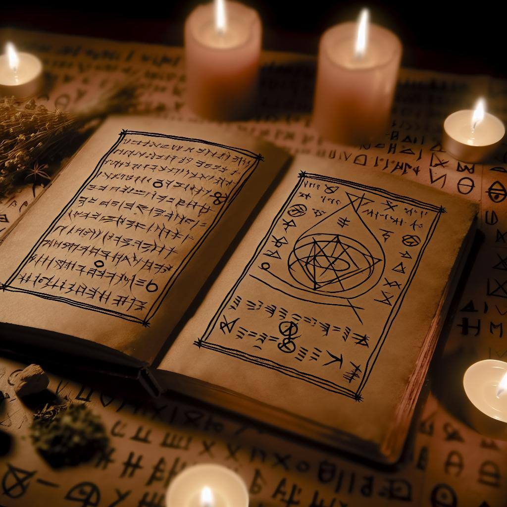 An ancient book of spells open to a page on black enchantments, with intricate symbols and handwritten notes.