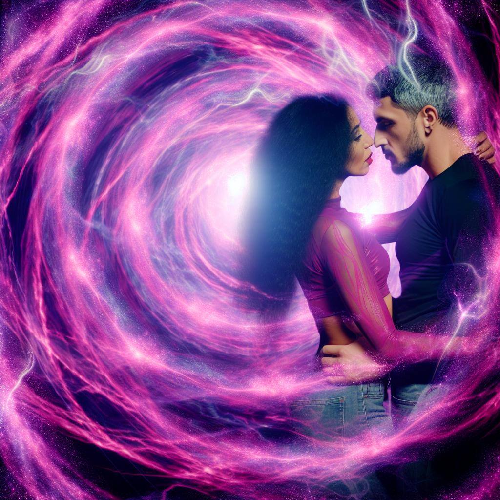 A mysterious, swirling vortex of pink and purple light enveloping two figures locked in a passionate embrace. The air crackles with magic as the spell takes hold, binding the couple together in a web of enchantment.