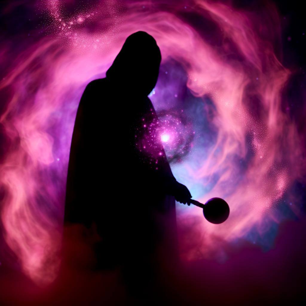 A silhouette of a mysterious figure surrounded by swirling pink and purple mist, holding a glowing crystal ball in one hand and a wand in the other. Bright sparks of light flicker around them, creating an aura of magic and mystery.