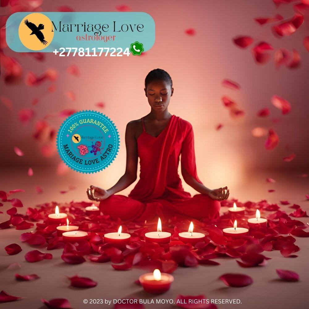 Image displays a lit red candle surrounded by rose petals, with a person meditating and focusing on the flame