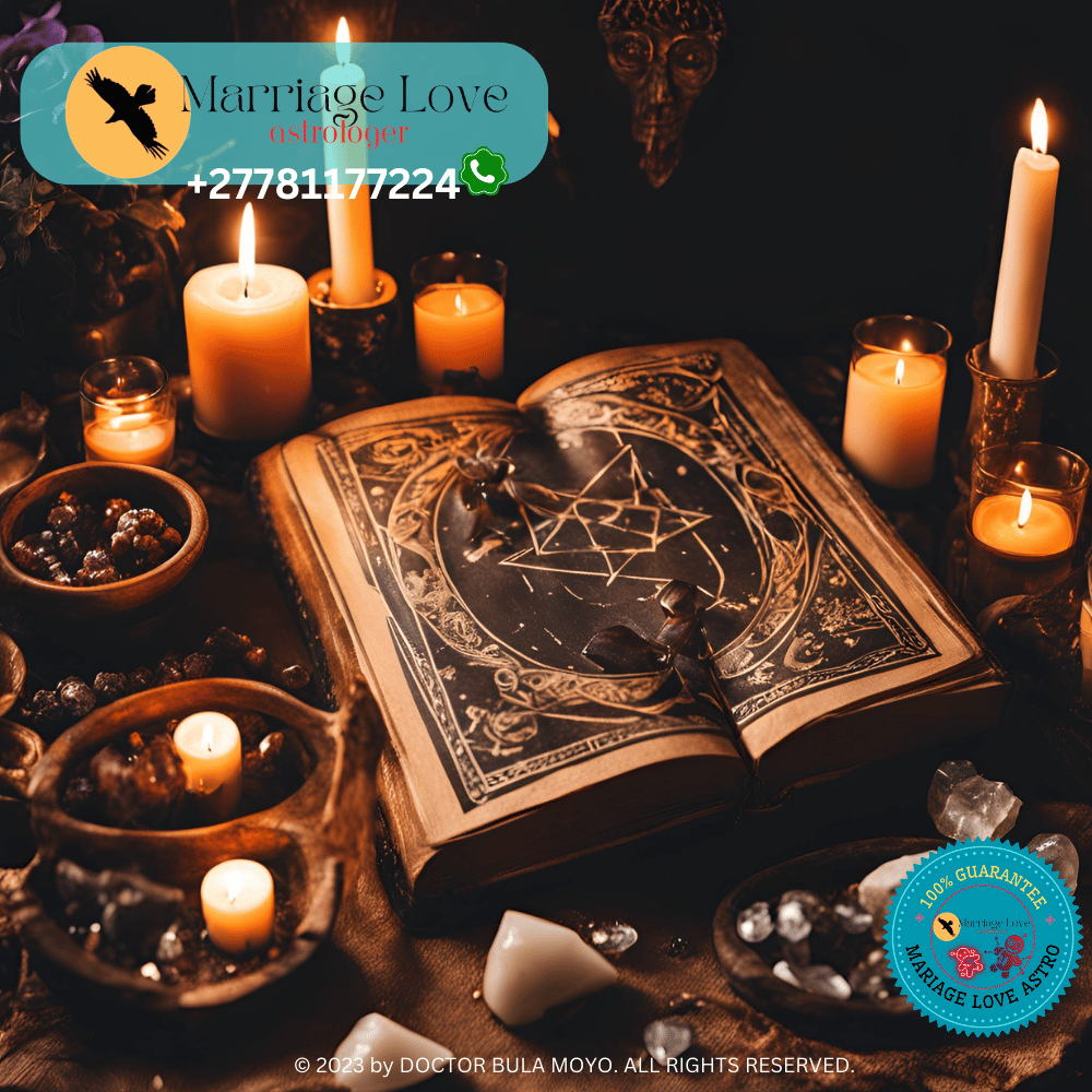 Voodoo Marriage Spell Ingredients: ritual space prepared for a black magic love spell, featuring candles, crystals, and a book of shadows on a dimly lit altar. (1)