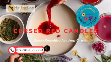 Image shows a person carefully pouring melted red wax into a candle mold with herbs and essential oils on the table.