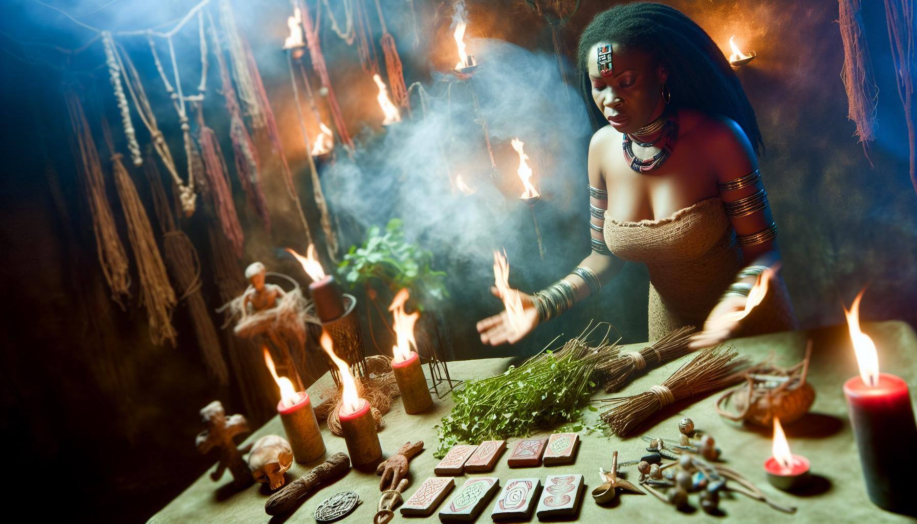 An image of a Voodoo priestess performing a ritual to remove a spell, surrounded by burning herbs and talismans, invoking the spirits for help-1