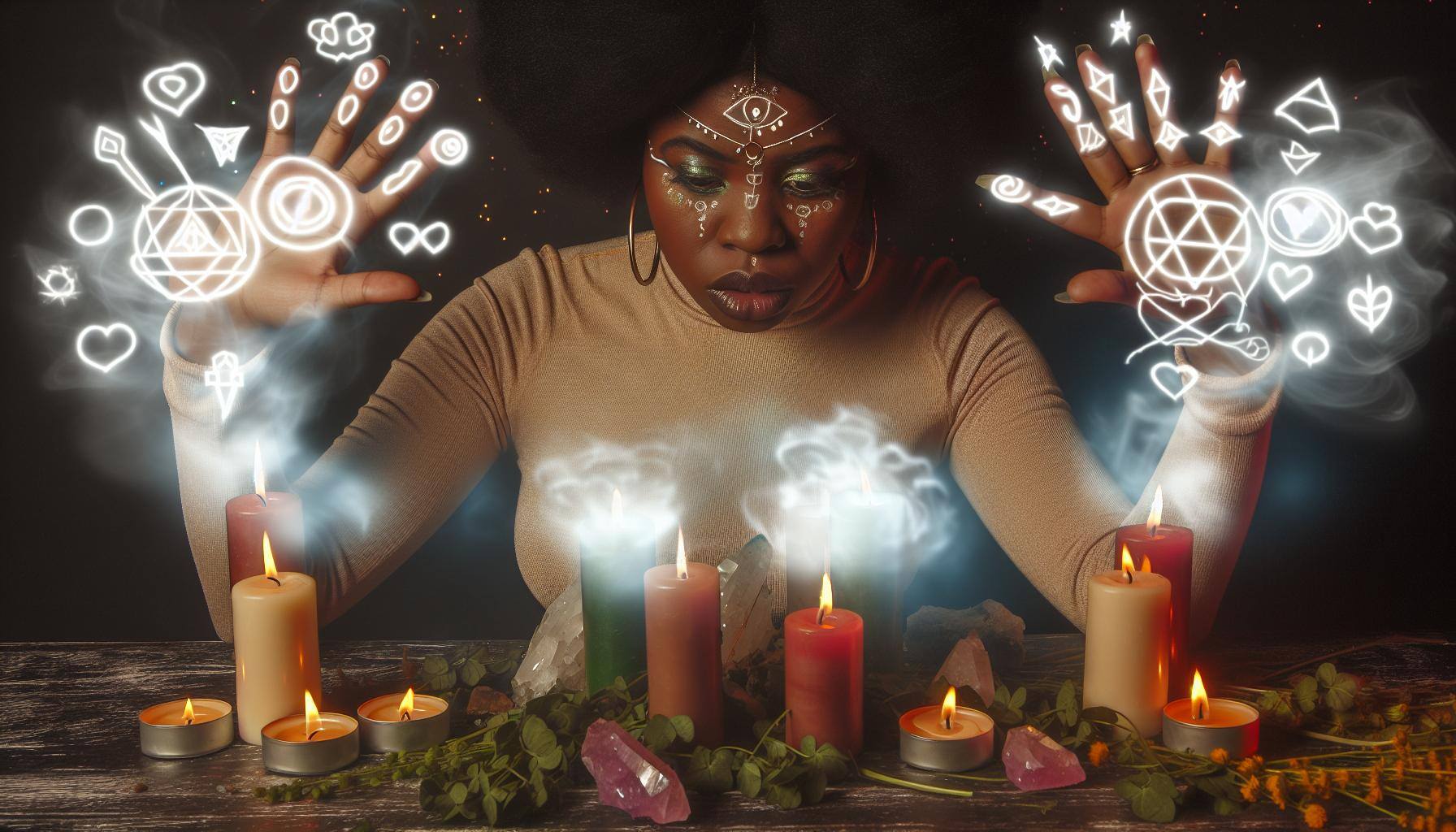 An image of african woman person casting multiple love spells, surrounded by candles, herbs, crystals, and sigils