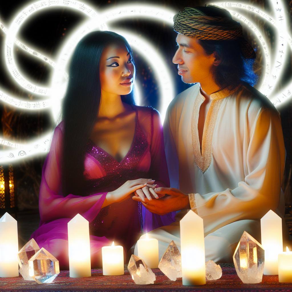 A couple holding hands in a candlelit room, surrounded by mystical symbols and glowing crystals.