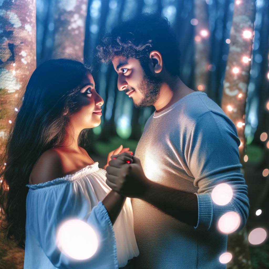 A couple standing in a serene forest clearing, surrounded by twinkling fairy lights and a soft, ethereal glow. They are gazing deeply into each other's eyes, their hands clasped together in a gesture of love and connection.