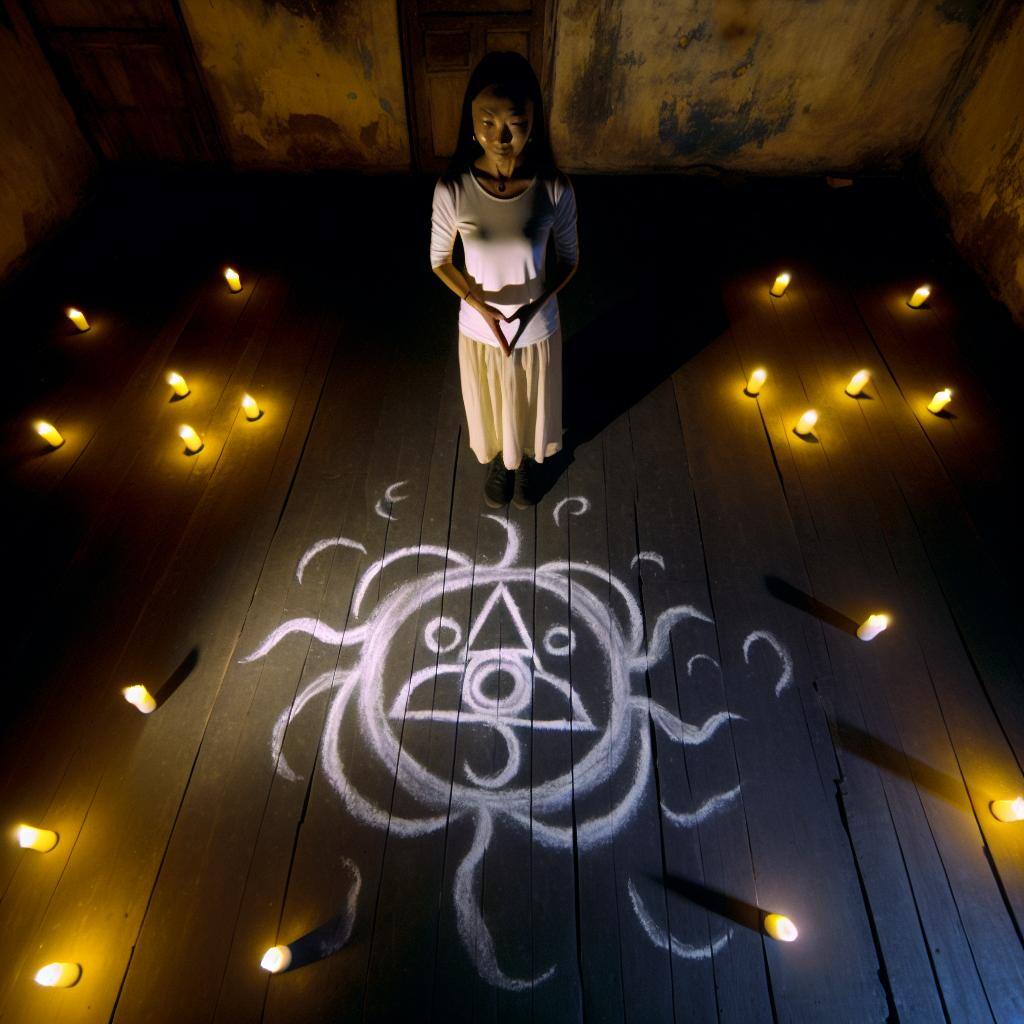 A dimly lit room with candles flickering in the background, a mystical symbol drawn on the floor in chalk, and a woman standing in the center with her eyes closed and hands outstretched.