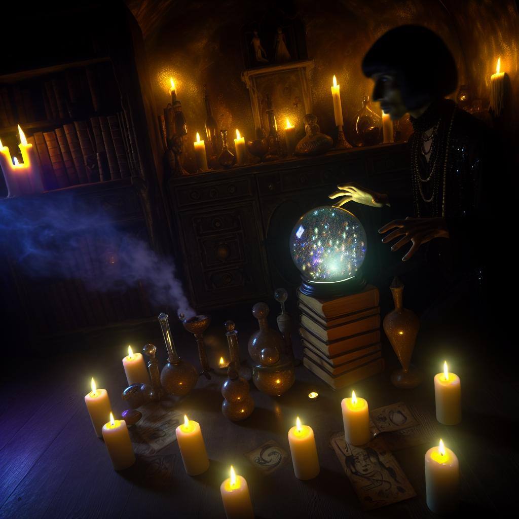 A dimly lit room with candles scattered around, a mysterious figure casting a spell over a glowing crystal ball, surrounded by love potions and ancient books.