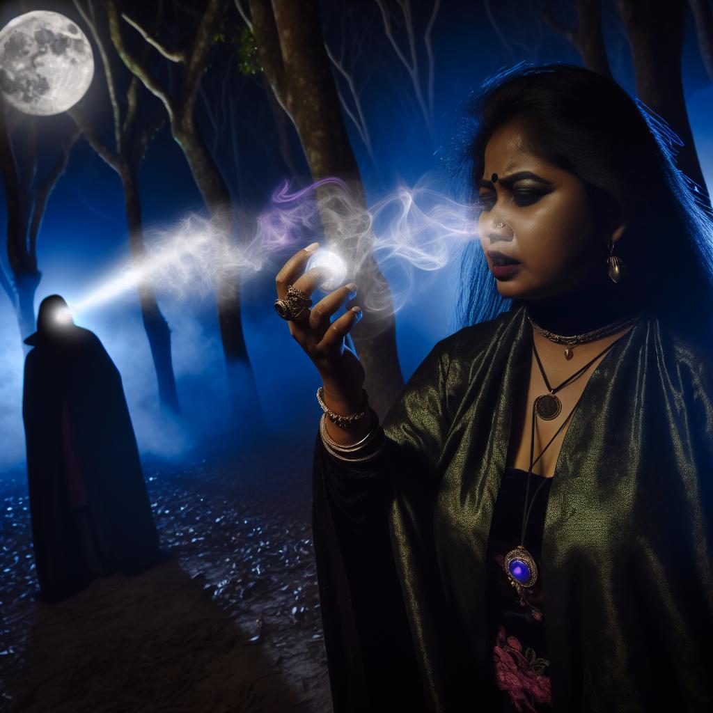 A figure standing in a moonlit forest, surrounded by swirling mist and holding a glowing amulet, muttering incantations as a beam of light shoots from their hand towards a distant figure.