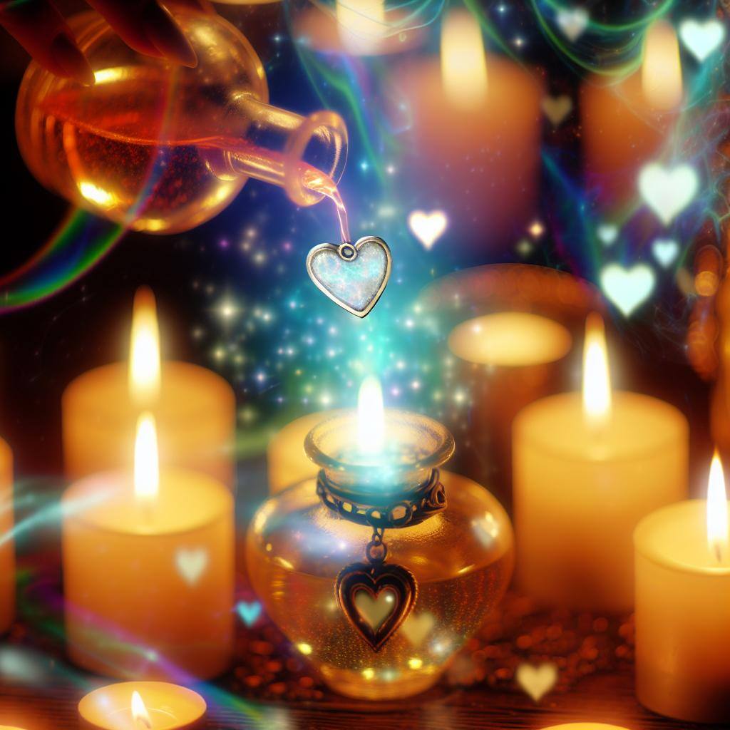 A glowing, mystical potion being poured over a heart-shaped charm, surrounded by flickering candlelight and a haze of swirling energy.