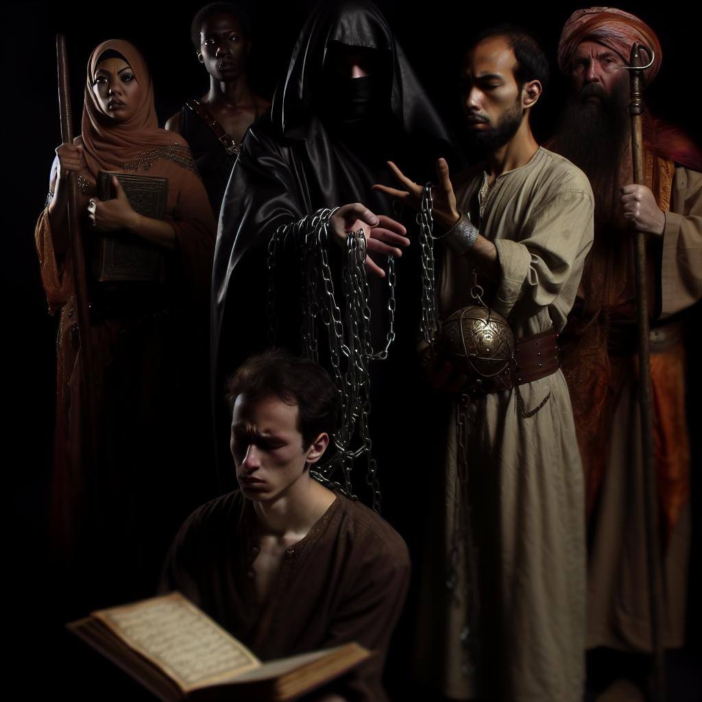 A mysterious, dark figure casting a spell over a chained individual, while a group of people with determined expressions look on, holding ancient books and tools.