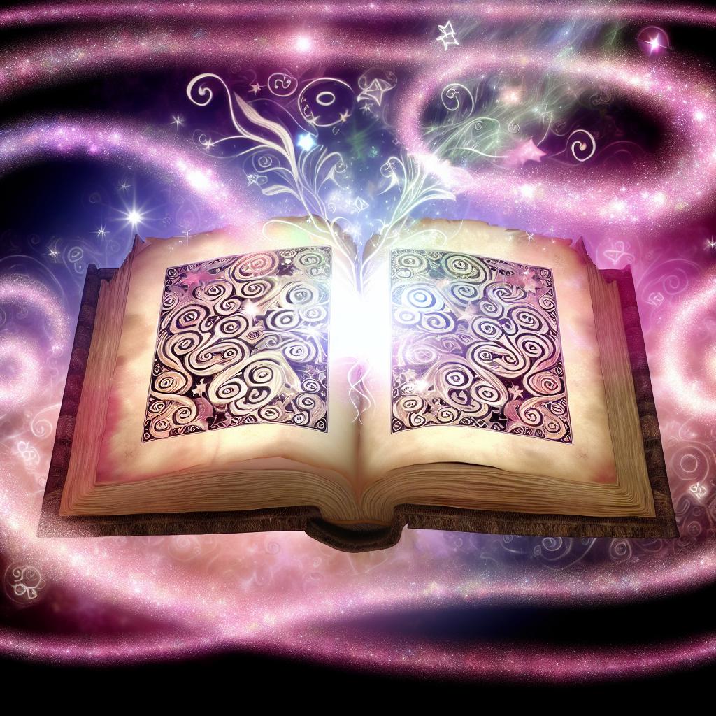 A mystical book with glowing pages, intricate symbols, and swirling patterns, surrounded by sparkling pink and purple dust floating in the air.