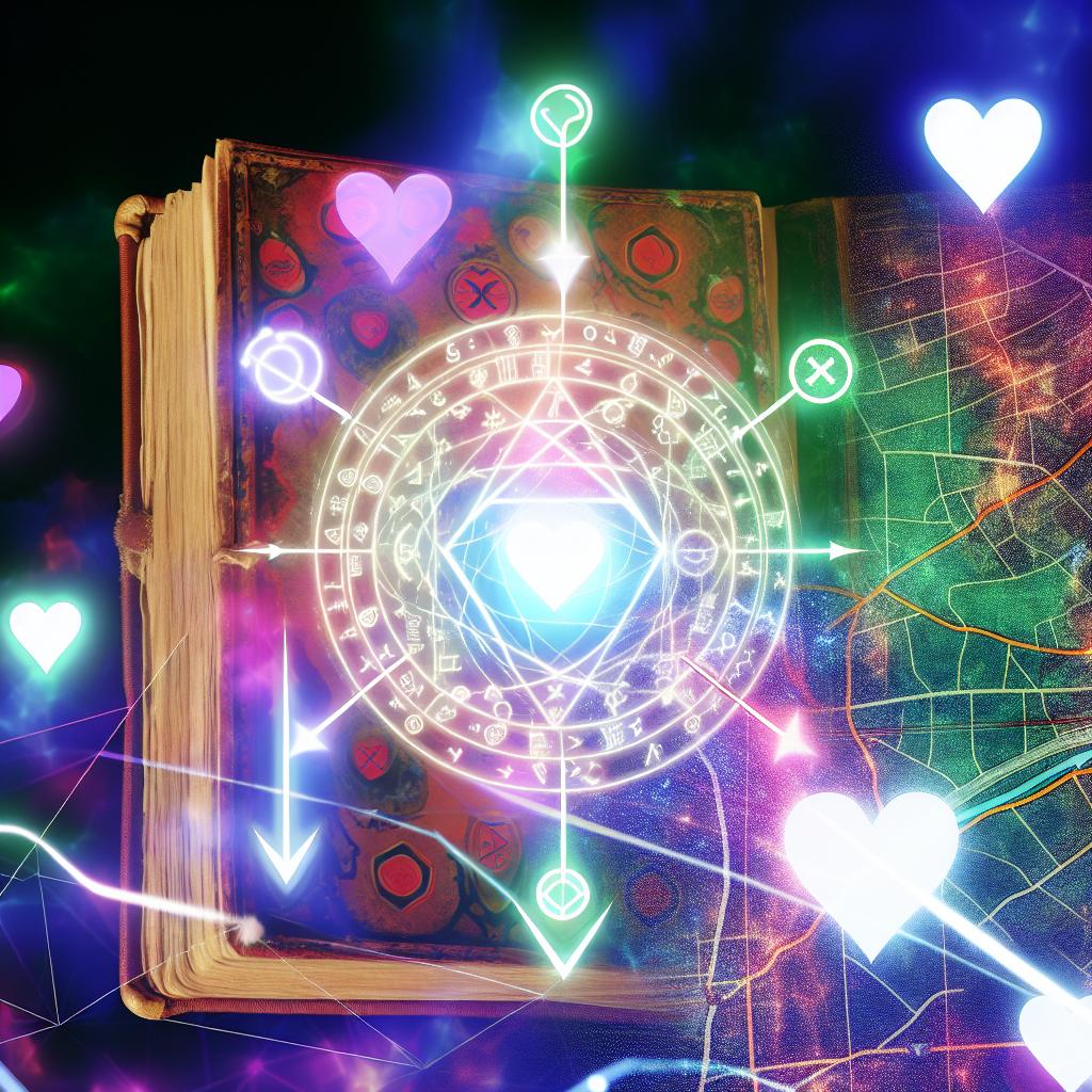 A mystical image of a glowing spell book with intricate symbols and a map of Washington overlaying it, surrounded by shimmering hearts and arrows.