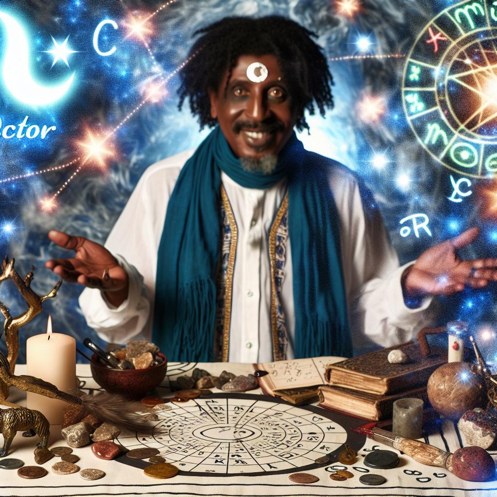 A mystical scene with Doctor Bula Moyo surrounded by celestial symbols and spell casting tools, offering guidance on love and relationships through astrology.