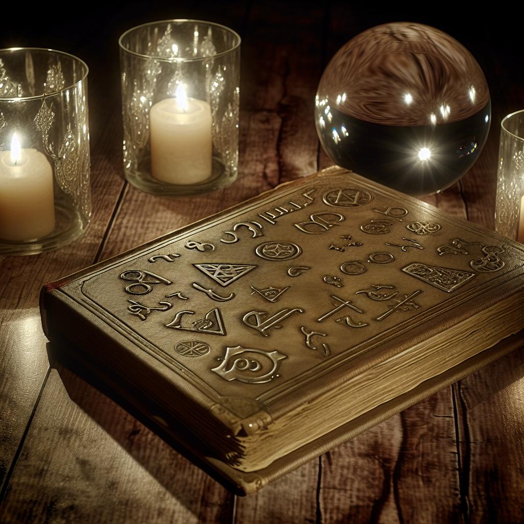 A mystical, ancient-looking book with intricate symbols and designs on its cover, surrounded by flickering candles and a crystal ball.