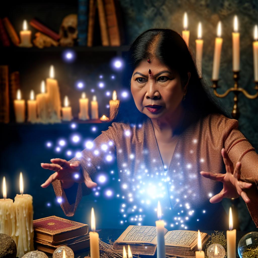 A person casting a spell with a determined expression, surrounded by candles and mystical objects.