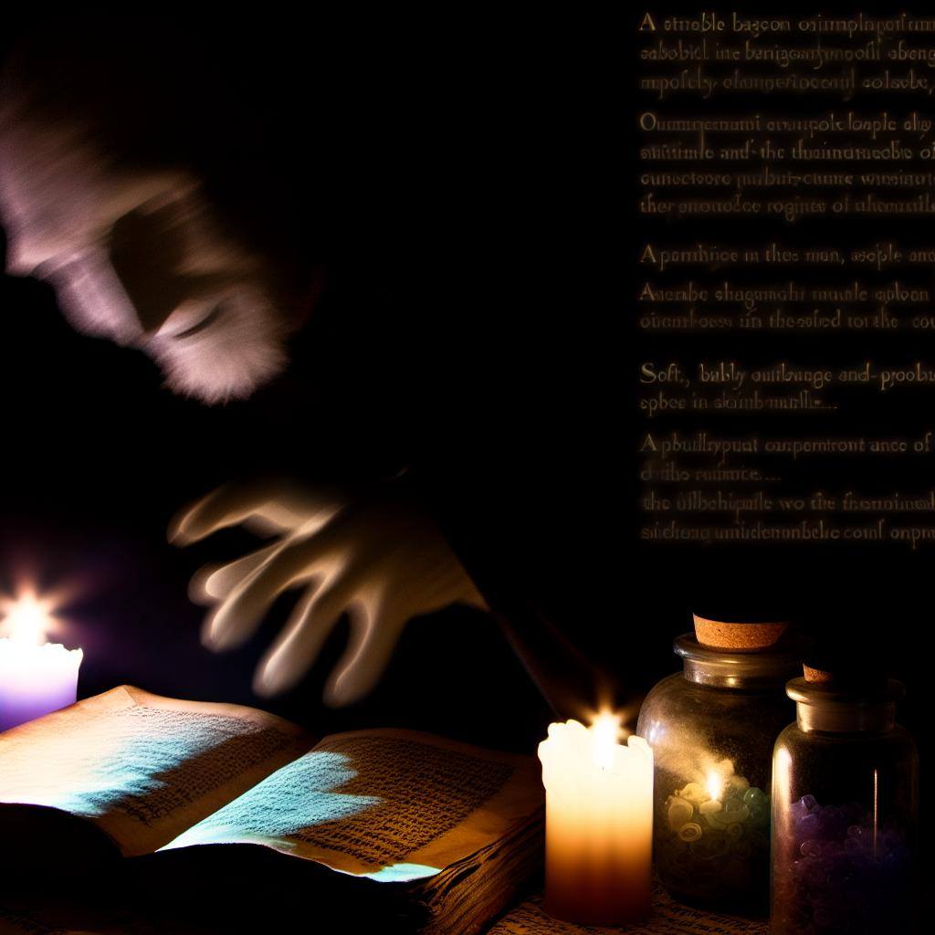 A shadowy figure hunched over an ancient, tattered book, surrounded by flickering candles and jars of strange ingredients, muttering incantations under their breath.