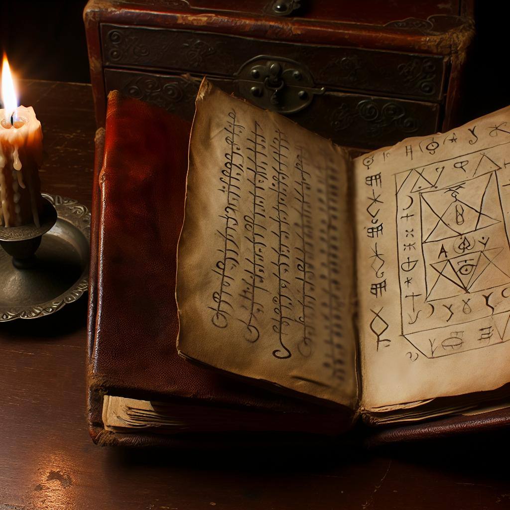 A weathered, leather-bound book lying open on a table, revealing intricate symbols and incantations written in an ancient language. A flickering candle casts a soft glow over the mysterious pages.