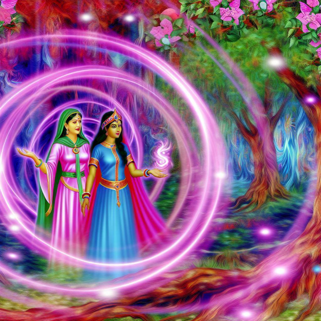 A whimsical image of two women standing in a magical forest, surrounded by swirling pink and purple energy, casting spells of attraction and love. The backdrop is a mystical landscape with colorful flowers and twinkling lights.